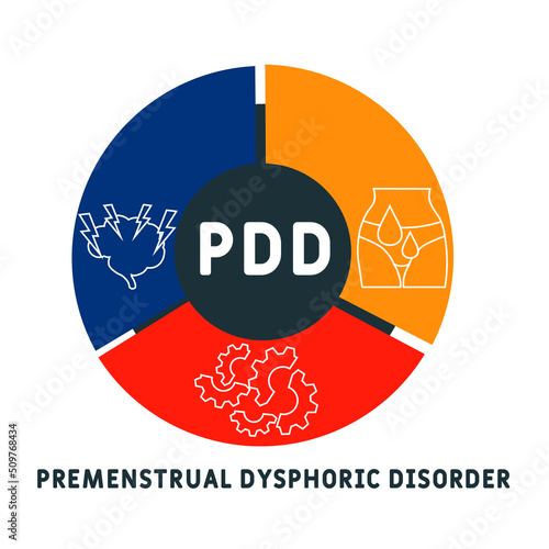 PDD - Premenstrual Dysphoric Disorder acronym. business concept background. vector illustration concept with keywords and icons. lettering illustration with icons for web banner, flyer, landing pag