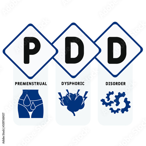 PDD - Premenstrual Dysphoric Disorder acronym. business concept background. vector illustration concept with keywords and icons. lettering illustration with icons for web banner, flyer, landing pag