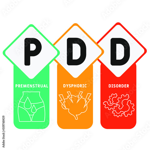 PDD - Premenstrual Dysphoric Disorder acronym. business concept background. vector illustration concept with keywords and icons. lettering illustration with icons for web banner, flyer, landing pag
