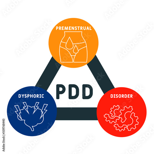 PDD - Premenstrual Dysphoric Disorder acronym. business concept background. vector illustration concept with keywords and icons. lettering illustration with icons for web banner, flyer, landing pag