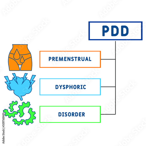 PDD - Premenstrual Dysphoric Disorder acronym. business concept background. vector illustration concept with keywords and icons. lettering illustration with icons for web banner, flyer, landing pag