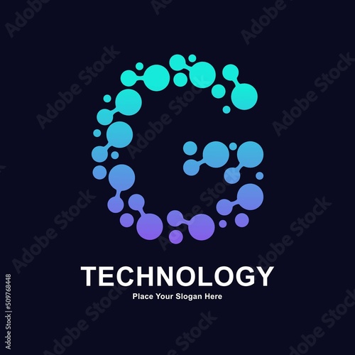 Abstract Letter G with molecule element and dots connection vector logo design. This for biotechnology molecule atom DNA chip symbol, Medicine, science, technology, laboratory, electronics