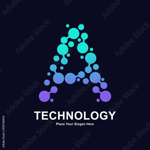 Abstract Letter A with molecule element and dots connection vector logo design. This for biotechnology molecule atom DNA chip symbol, Medicine, science, technology, laboratory, electronics