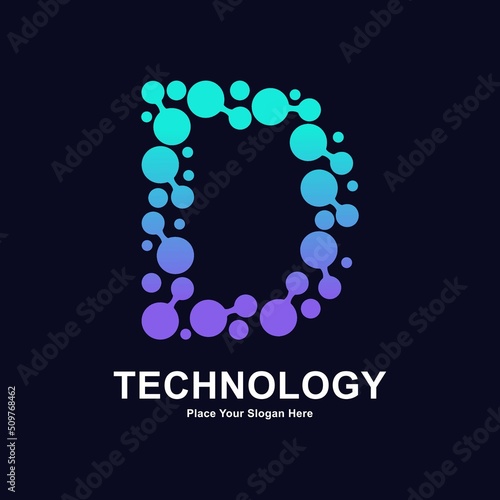 Abstract Letter D with molecule element and dots connection vector logo design. This for biotechnology molecule atom DNA chip symbol, Medicine, science, technology, laboratory, electronics