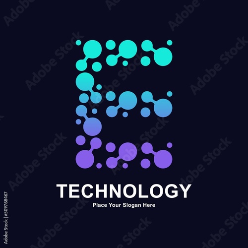 Abstract Letter E with molecule element and dots connection vector logo design. This for biotechnology molecule atom DNA chip symbol, Medicine, science, technology, laboratory, electronics