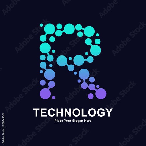 Abstract Letter R with molecule element and dots connection vector logo design. This for biotechnology molecule atom DNA chip symbol, Medicine, science, technology, laboratory, electronics