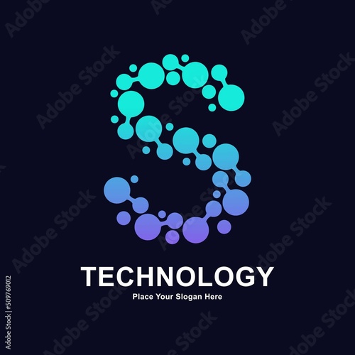 Abstract Letter S with molecule element and dots connection vector logo design. This for biotechnology molecule atom DNA chip symbol, Medicine, science, technology, laboratory, electronics