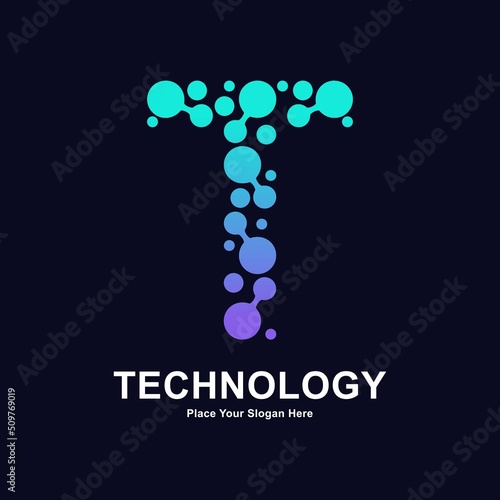 Abstract Letter T with molecule element and dots connection vector logo design. This for biotechnology molecule atom DNA chip symbol, Medicine, science, technology, laboratory, electronics
