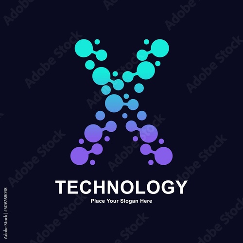 Abstract Letter X with molecule element and dots connection vector logo design. This for biotechnology molecule atom DNA chip symbol, Medicine, science, technology, laboratory, electronics