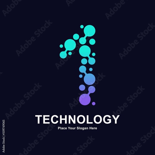 Abstract number 1 with molecule element and dots connection vector logo design. Suitable for biotechnology molecule atom DNA chip symbol, Medicine, science, technology, laboratory, electronics