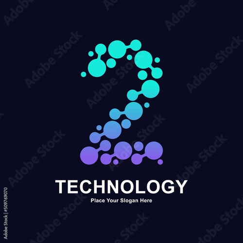 Abstract number 2 with molecule element and dots connection vector logo design. Suitable for biotechnology molecule atom DNA chip symbol, Medicine, science, technology, laboratory, electronics