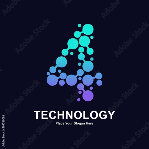 Abstract number 4 with molecule element and dots connection vector logo design. Suitable for biotechnology molecule atom DNA chip symbol, Medicine, science, technology, laboratory, electronics