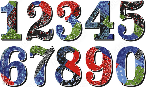 Font numbers set with paisley bandana vector elements background