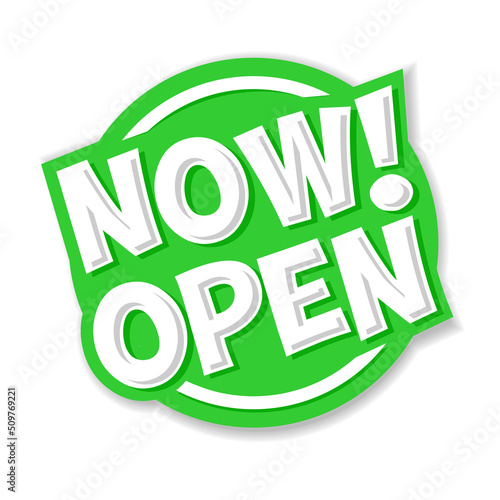 Now open door sign or web banner. Vector on transparent background