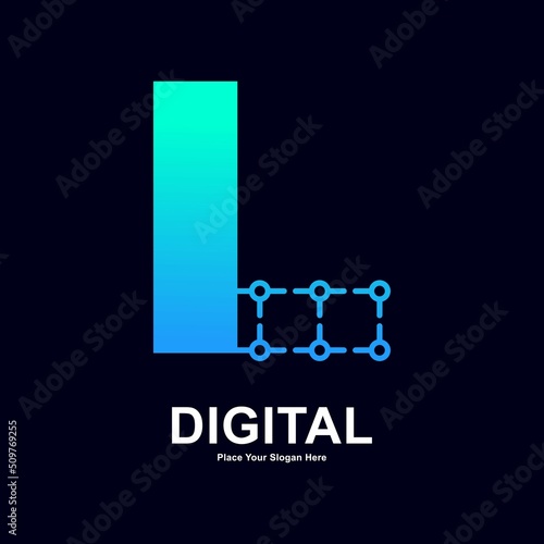 Letter L with dots connection vector logo design. Suitable for biotechnology molecule atom DNA chip symbol, Medicine, science, technology, laboratory, electronic