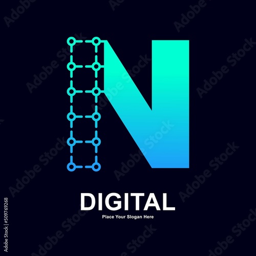 Letter N with dots connection vector logo design. Suitable for biotechnology molecule atom DNA chip symbol, Medicine, science, technology, laboratory, electronic