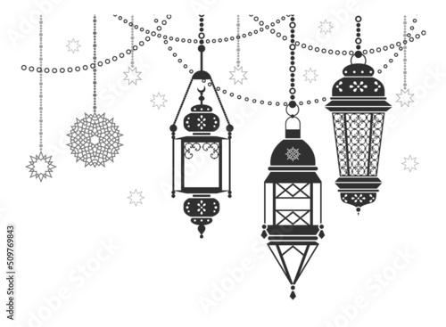 Hanging eastern lantern. Decorative festival light border