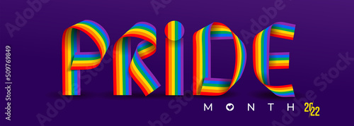 Pride hand drawing lettering inscription. Pride 2022 text with LGBT Flag Colors. Colorful text lined with ribbons. Vector illustration design. Isolated on violet background. Lgbt  concept.
