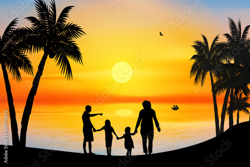 cute family on beach silhouette graphic