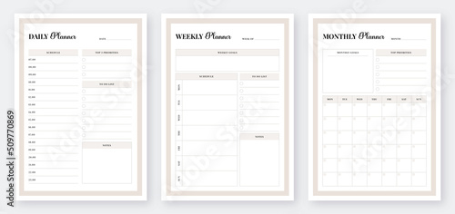 Daily, weekly, monthly planner template. 3 Set of minimalist planners. Vector planner templates. Modern planner template set. Printable planner template. Planner pages templates.
