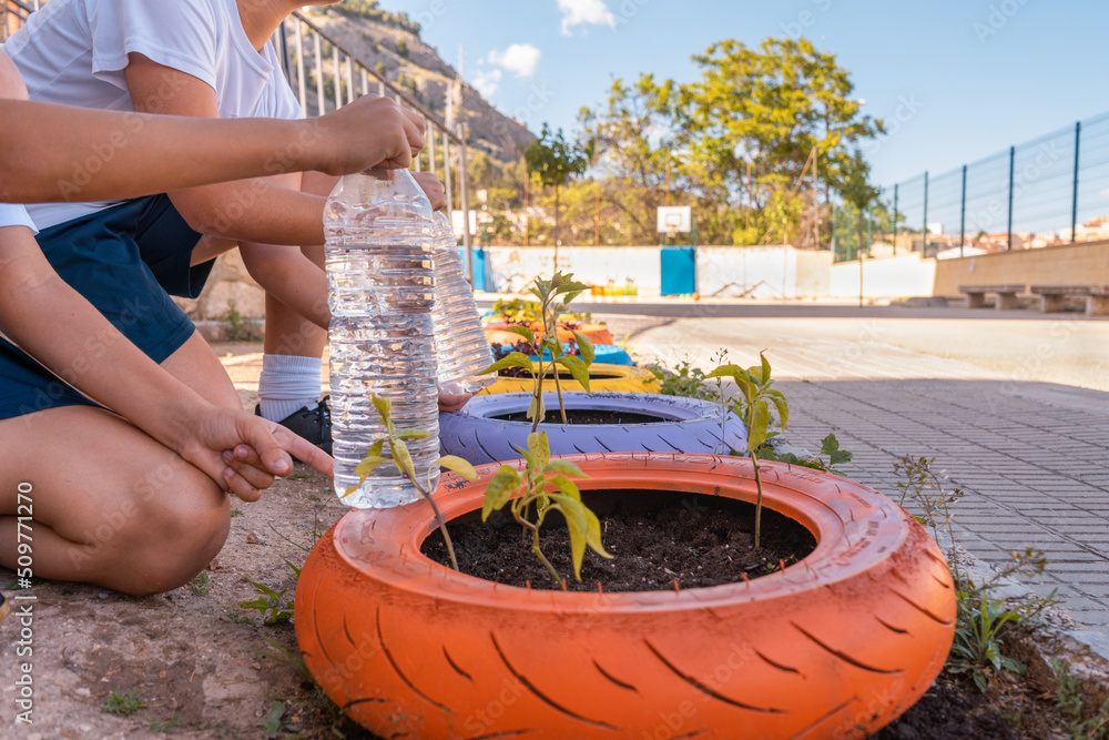 Dos niños irreconocibles regando las plantas con botellas de agua en el  patio del colegio. Fotografía horizontal con espacio para texto. Stock  Photo