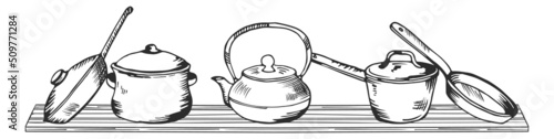 Kitchen crockery on wooden shelf. Black line sketch