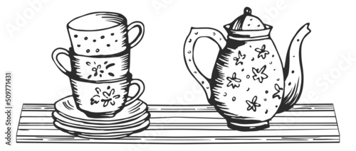 Tea tableware standing on wooden kitchen shelf. Black ink sketch