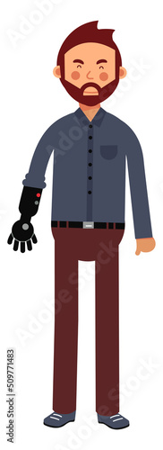 Man with artificial arm. Human limb prothesis. Handicapped person