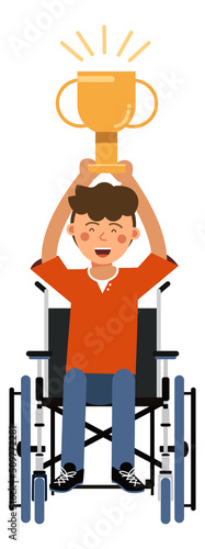 Boy in wheelchair winning award. Successful disabled kid