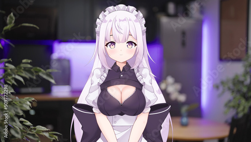 Maid 2D anime girl vtuber portrait in kitchen talking to camera photo