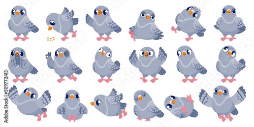 Cartoon pigeon. Funny bird character with various emotions in different poses, comic mascot clip art. Vector dove animal in flight isolated set © Tartila
