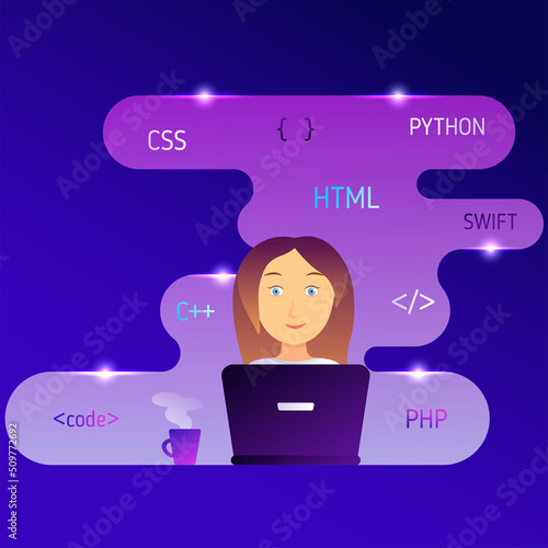 A girl programmer sits at a laptop and working. Abstract flat vector illustartion
