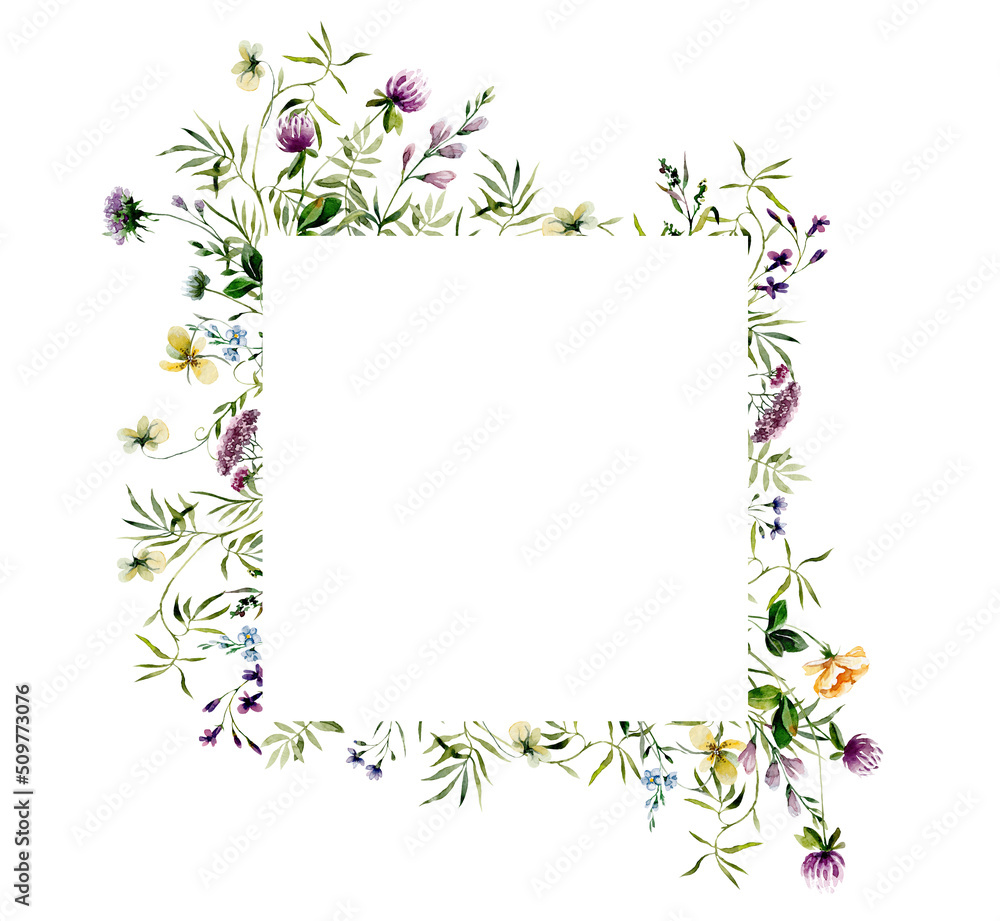 A frame of watercolour wildflowers. Watercolour illustration of meadow flowers for card, invitation, scrapbooking. A frame of watercolour wildflowers. Watercolour illustration of meadow flowers for card, invitation, scrapbooking.