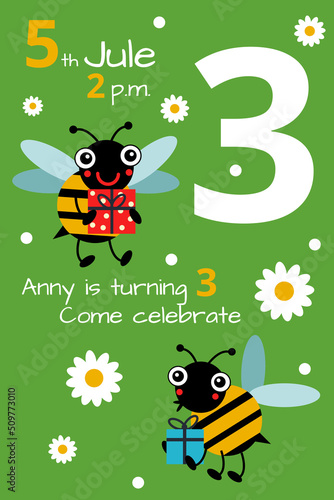 Cute summer birthday party invitation. Kid holiday card template