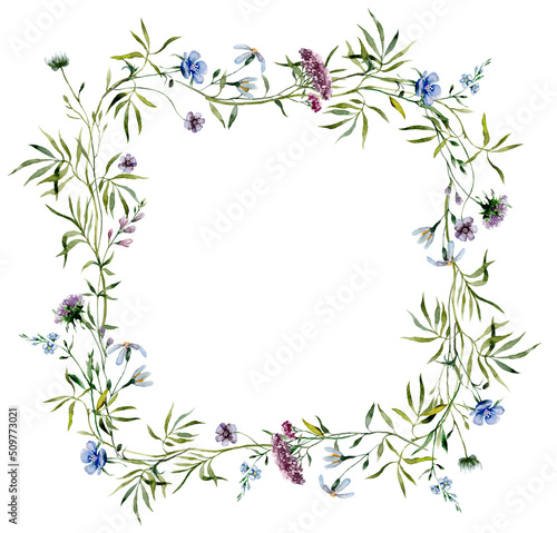 A frame of watercolour wildflowers. Watercolour illustration of meadow flowers for card  invitation  scrapbooking.