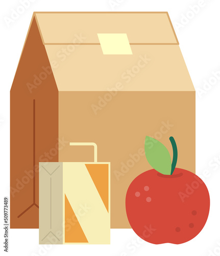 Paper bag with apple and juice box. Lunch pack icon
