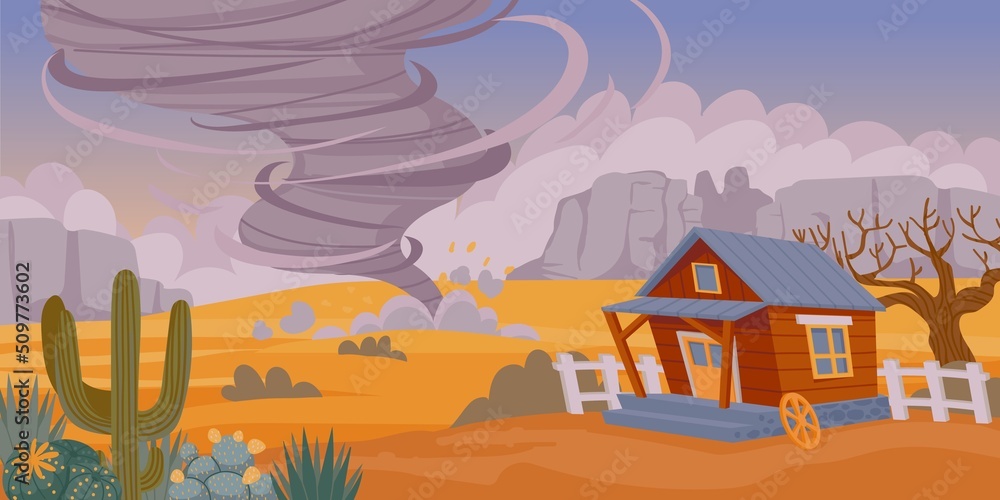 Tornado in desert. Cartoon sand storm natural disaster, desert landscape with old rustic house and air funnel. Vector background