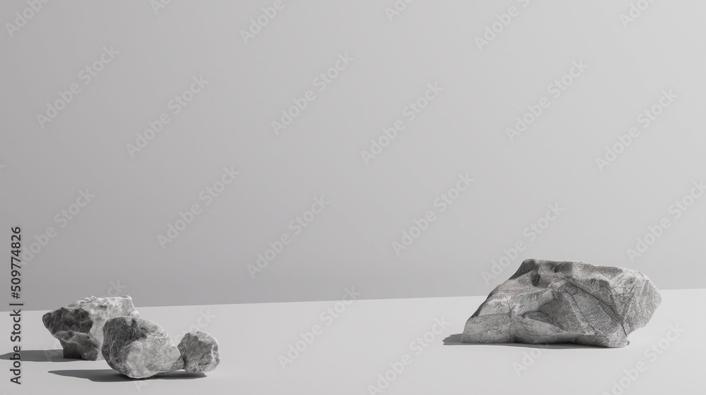 Showcase background with natural hard light and rocks. 3d illustration for brand identity banner. Perfect for product presentation, blog, thumbnail, social media post, branding