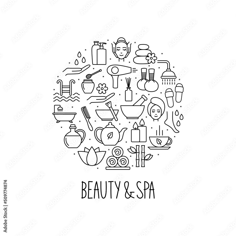 Round banner with spa and beauty icons in linear style. Vector illustration