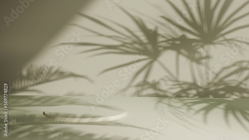Showcase background with natural hard light and tropical plant shadows. 3d illustration for brand identity banner. Perfect for product presentation, blog, thumbnail, social media post, branding