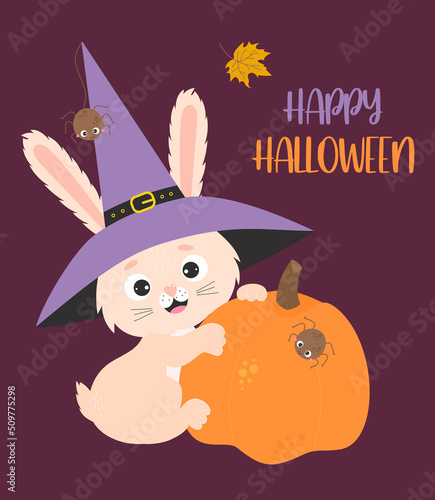 Happy Halloween. Autumn poster with cute rabbit in witch hat with pumpkin, spider and an autumn leaf. Vector illustration with funny festive Halloween bunny. For design, print, greeting cards