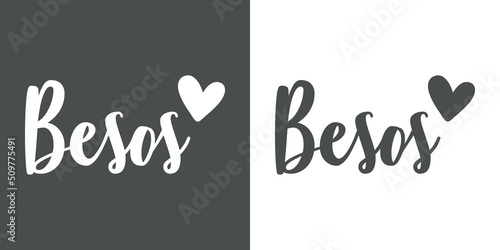 Texto manuscrito Besos en español con silueta de corazón para su uso en banner, invitaciones y tarjetas en fondo gris y fondo blanco