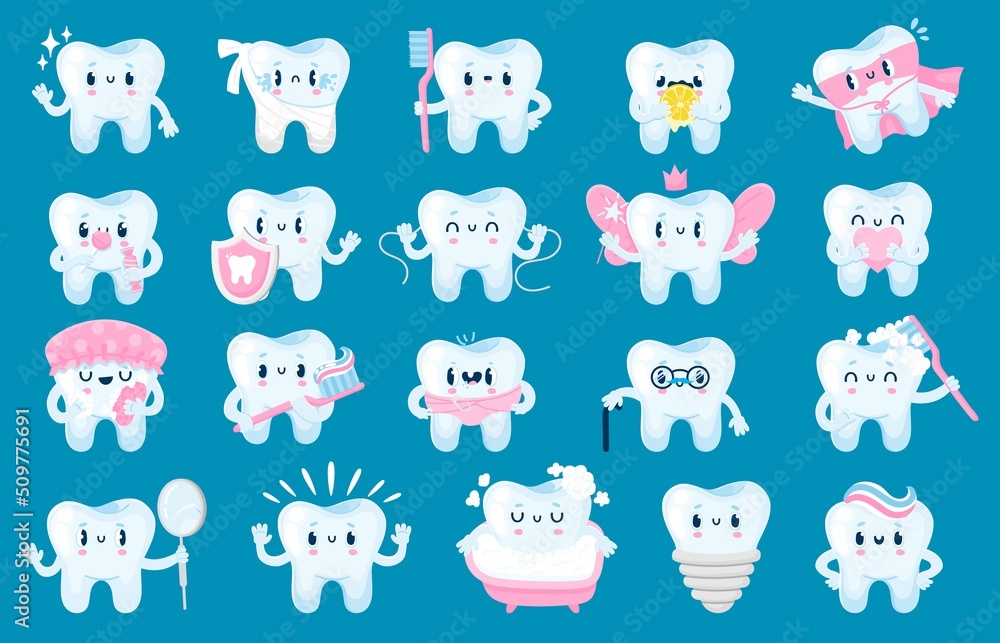 Teeth with face. Cartoon dental health and care fun characters, tooth mascot with happy face for dentistry posters and banners. Vector isolated set Teeth with face. Cartoon dental health and care fun characters, tooth mascot with happy face for dentistry posters and banners. Vector isolated set