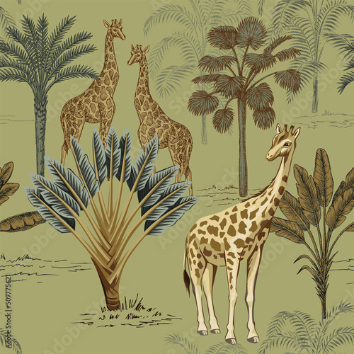 Safari ink drawn palm trees,  giraffe animal summer floral seamless pattern. African wallpaper.