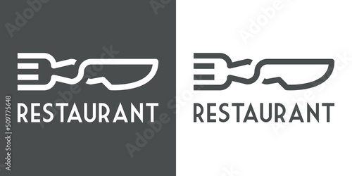Logotipo con texto Restaurant con silueta de tenedor y cuchillo en aspa con lineas en fondo gris y fondo blanco