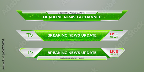 Broadcast news lower third modern banner template green, white and silver color theme for television, video and media channel