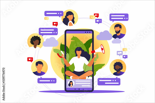 Influencer advertising marketing. Blogger promotion services and goods for his followers online. Vector illustration. Influence blogger, digital smm, web marketing online.