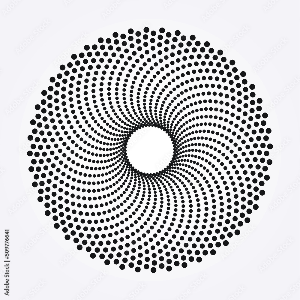 Dotted circular logo. Circular concentric dots isolated on the white background. Halftone fabric design. Halftone circle dots texture. Vector design element. Dotted circular logo. Circular concentric dots isolated on the white background. Halftone fabric design. Halftone circle dots texture. Vector design element.