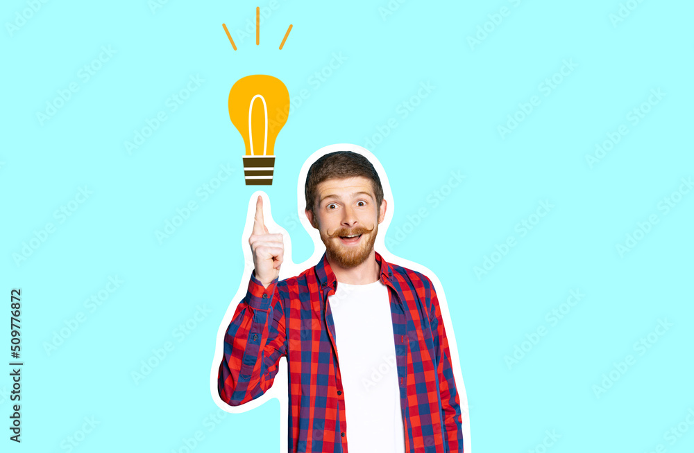 Young excited man having an idea. Bulb lamp and eureka concept. Concept of human emotions, facial expression, youth, education, business, ad. - obrazy, fototapety, plakaty 