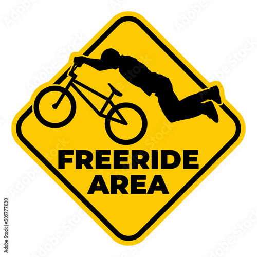 Vector yellow sign with the words FREERIDE AREA and the silhouette of a flying cyclist